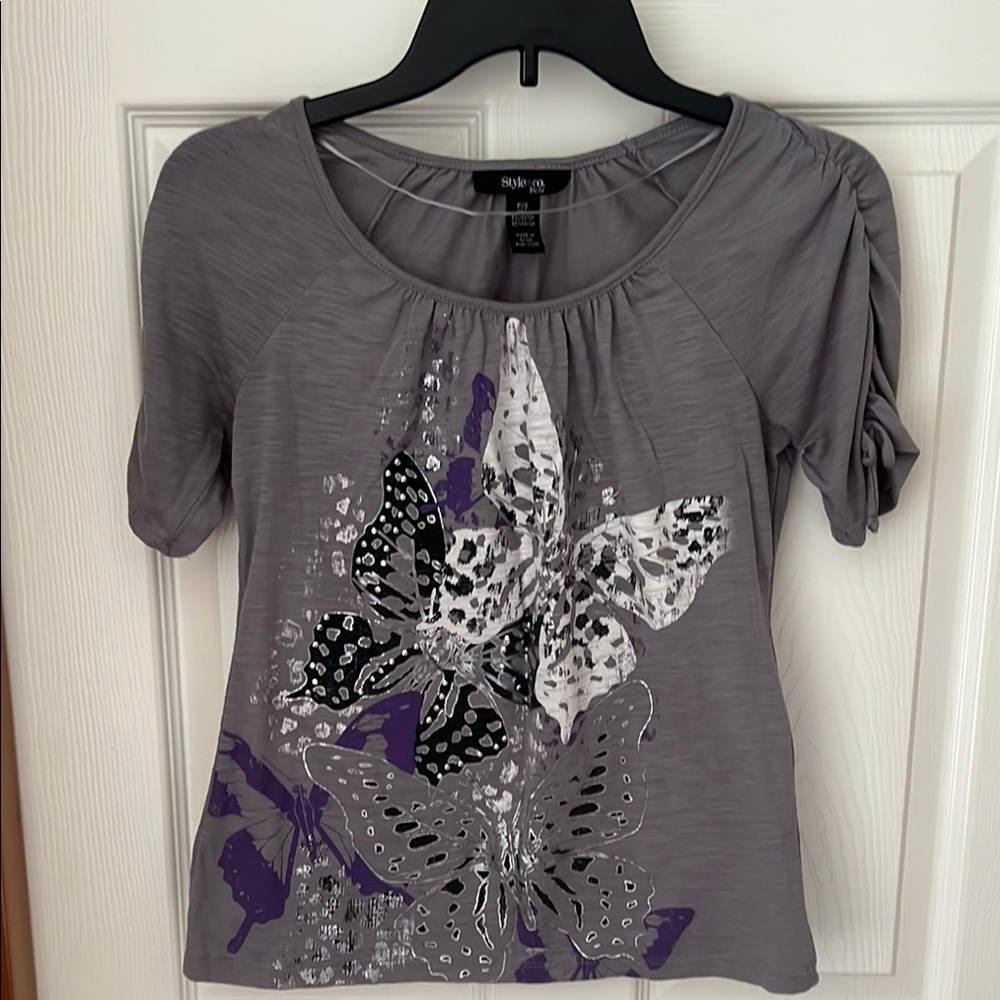 Style & Co. Gray Graphic Ruched Blouse